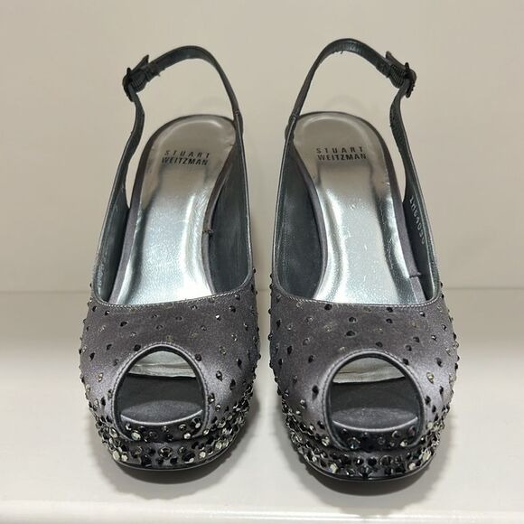 Stuart Weitzman Gray Satin With Silver & Black Rhinestone Platform Heels - Picture 2 of 7
